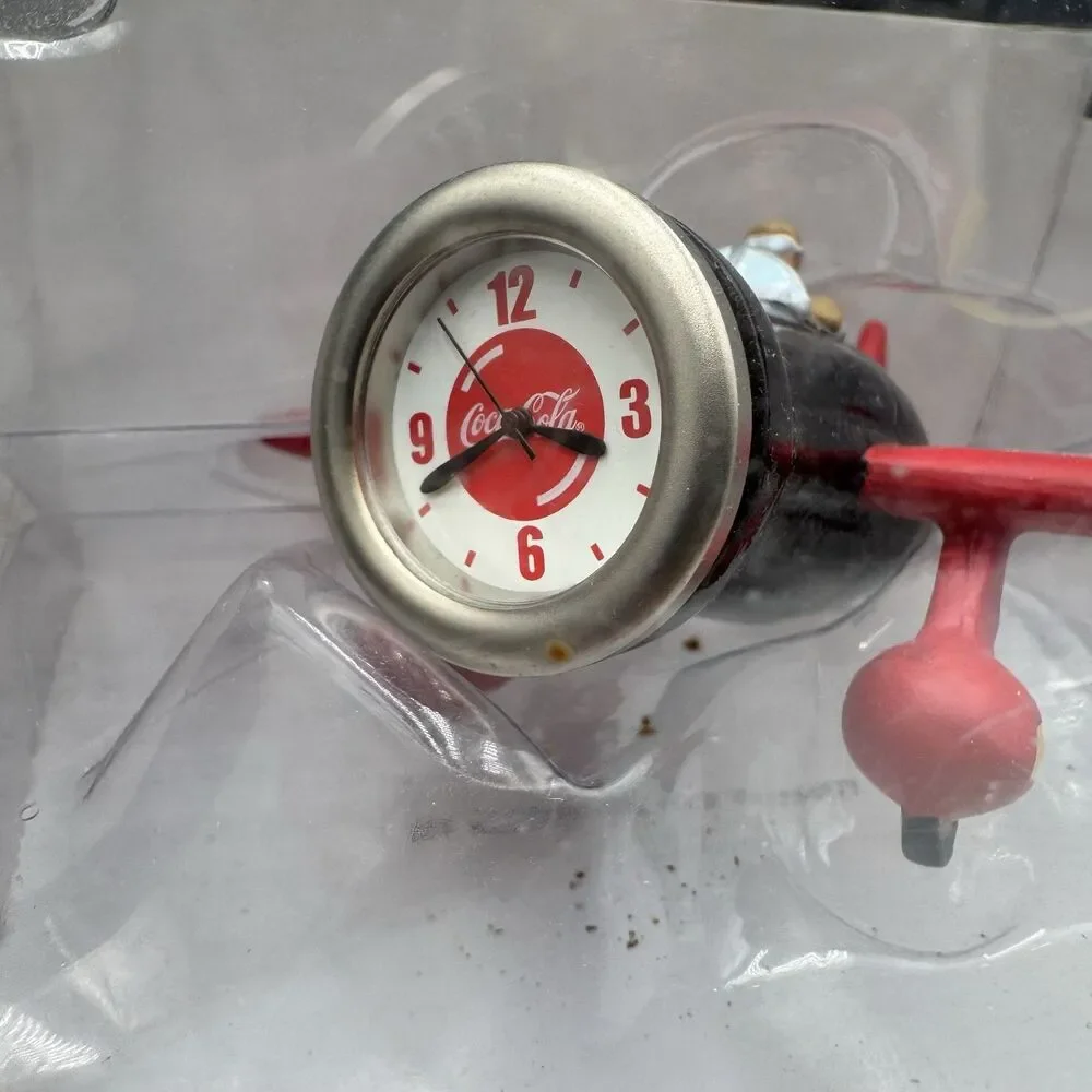 Coca-Cola Airplane Mini-Clock 1999 Black Red Silver Pilot Figure CCM05